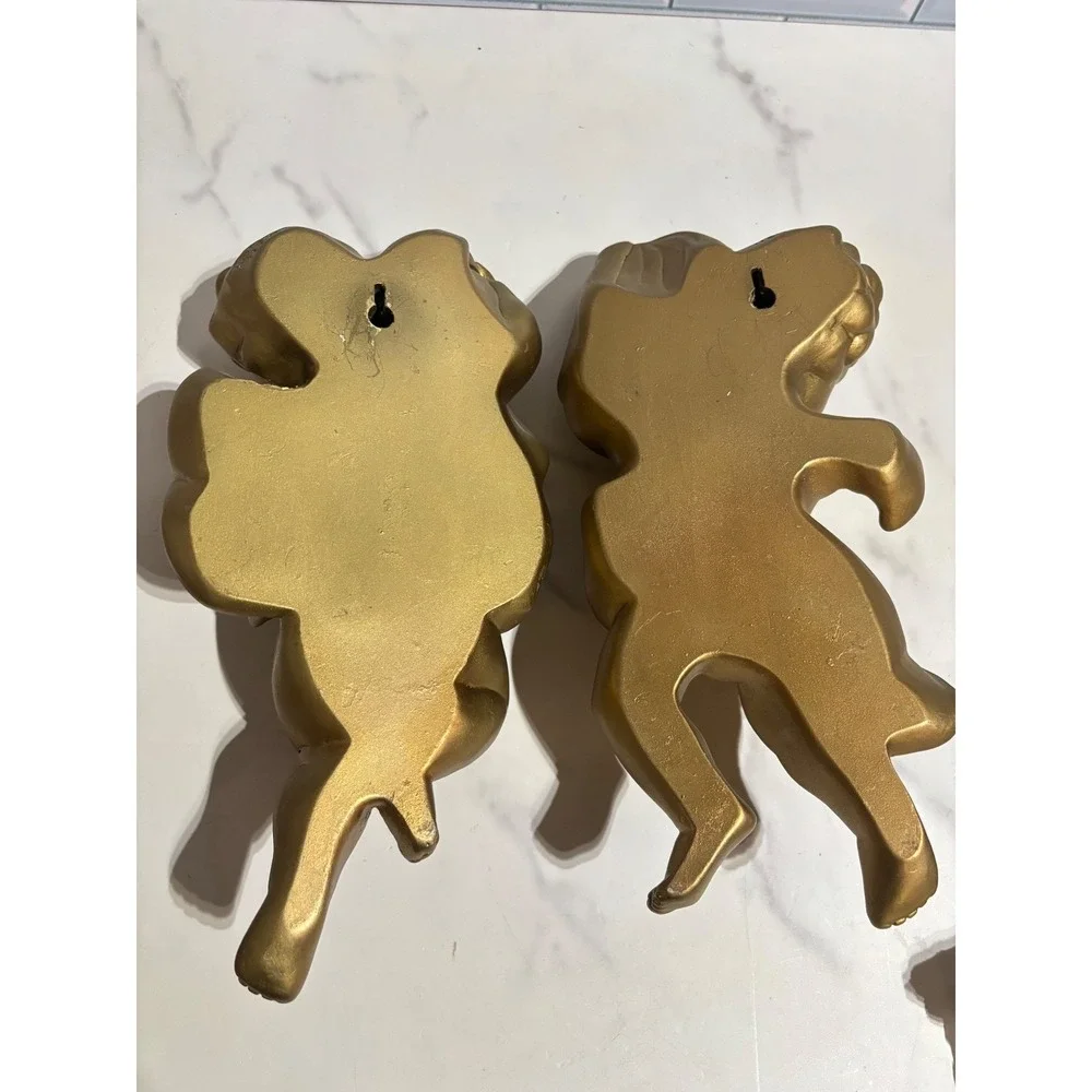 Vintage Gold Cherub Wall Decor Pair 9 Inch Angels Hanging Statues Set of 2